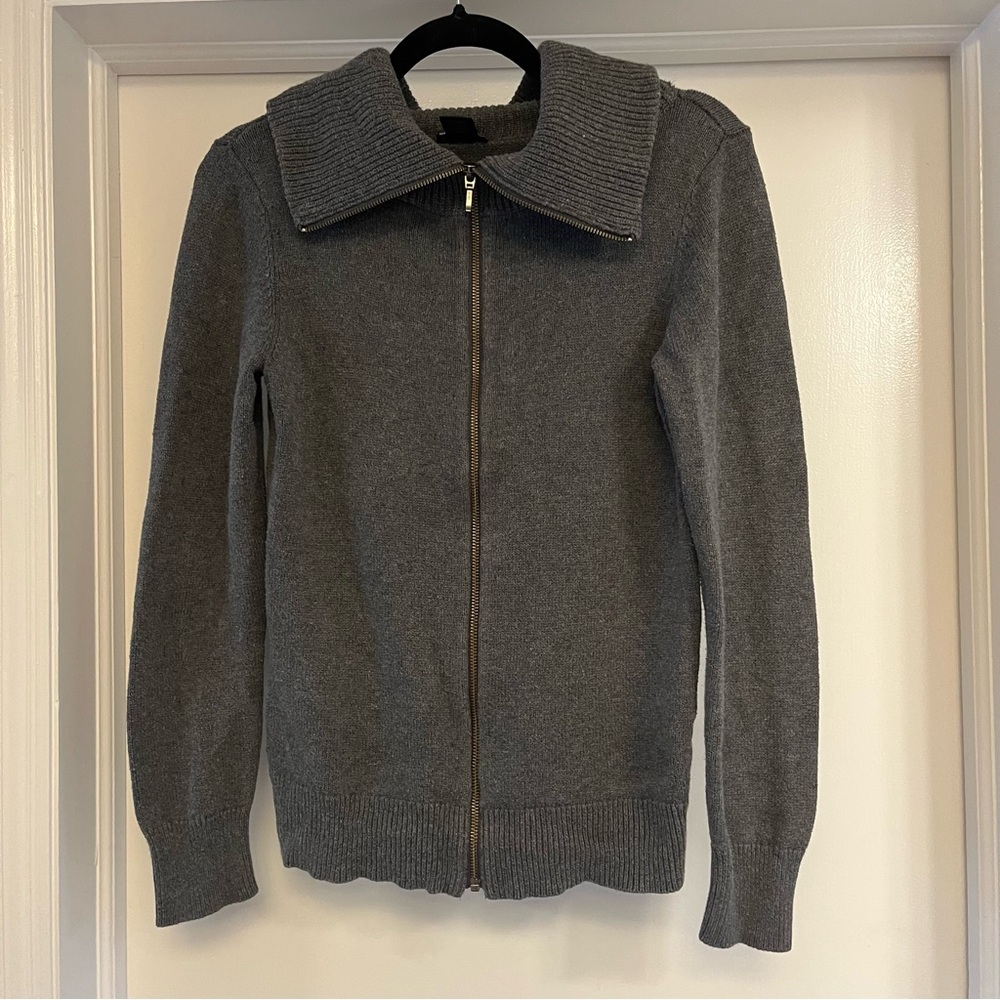 Ann Taylor - 100% Cotton Zip-Up Cowl-Collar Cardigan - charcoal gray - size M